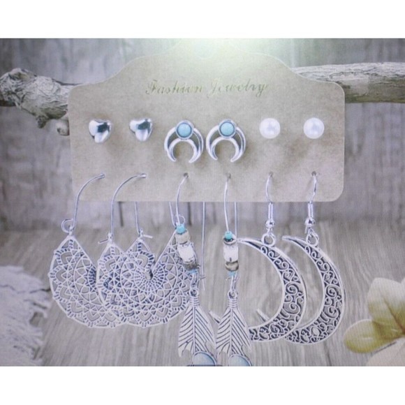 Boho Drop Dangle & Stud Pk 6 Earrings Silver Moon Leaf Heart Pearl Filigree NWT - Picture 3 of 3